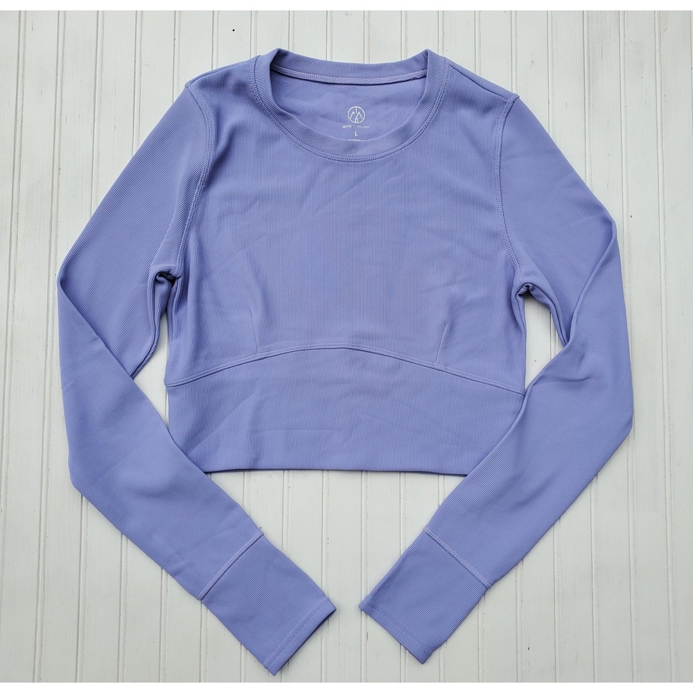 Move Theology Ribbed Long Sleeve Crop Top Purple Thumbholes Large